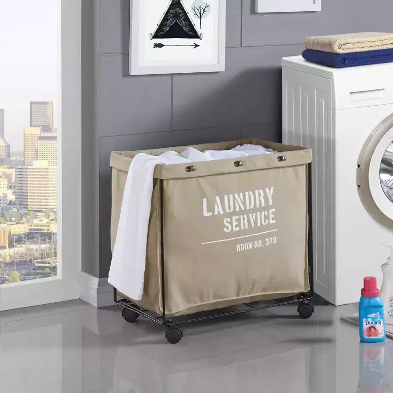 Danya B. Army Canvas Laundry Hamper on Wheels: Heavy Duty Beige Clothes Sorter, Portable Iron Frame, 32 Volume Capacity