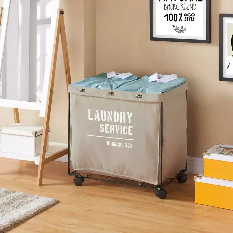 Danya B. Army Canvas Laundry Hamper on Wheels: Heavy Duty Beige Clothes Sorter, Portable Iron Frame, 32 Volume Capacity