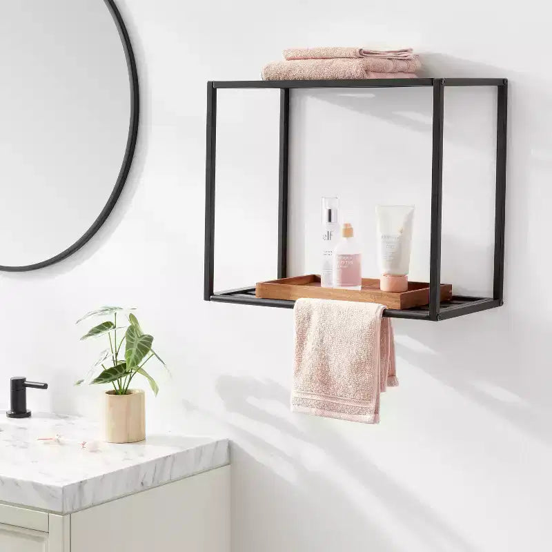 Wall Shelf Black Metal - Brightroom™: 2-Tier Storage, Open Cubes, No-Tool Assembly, 14.7" H x 18.1" W