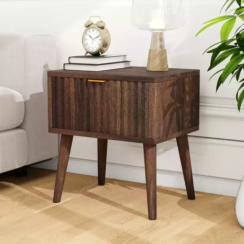 MUUEGM 18.7 Walnut Fluted Nightstand | Mid Century Modern End Table with Drawer Storage for Living Room and Bedroom, Dark Brown