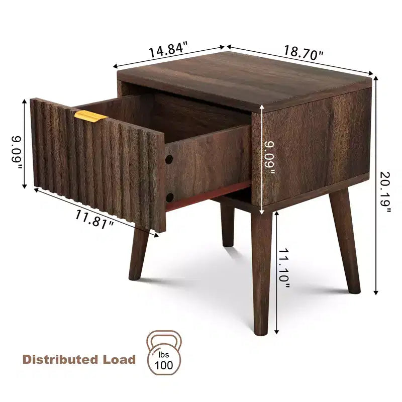 MUUEGM 18.7 Walnut Fluted Nightstand | Mid Century Modern End Table with Drawer Storage for Living Room and Bedroom, Dark Brown