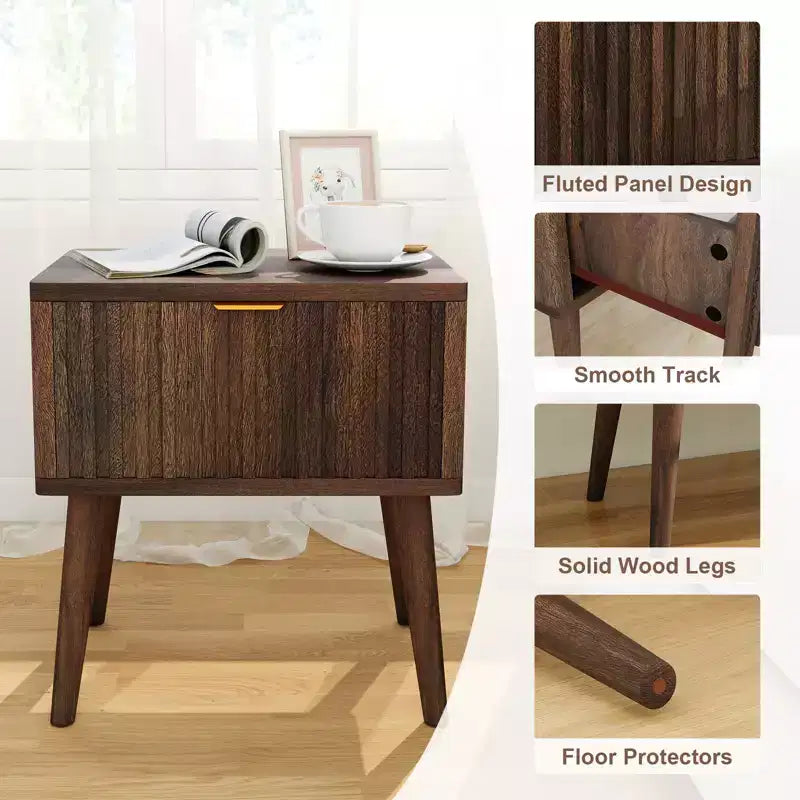 MUUEGM 18.7 Walnut Fluted Nightstand | Mid Century Modern End Table with Drawer Storage for Living Room and Bedroom, Dark Brown