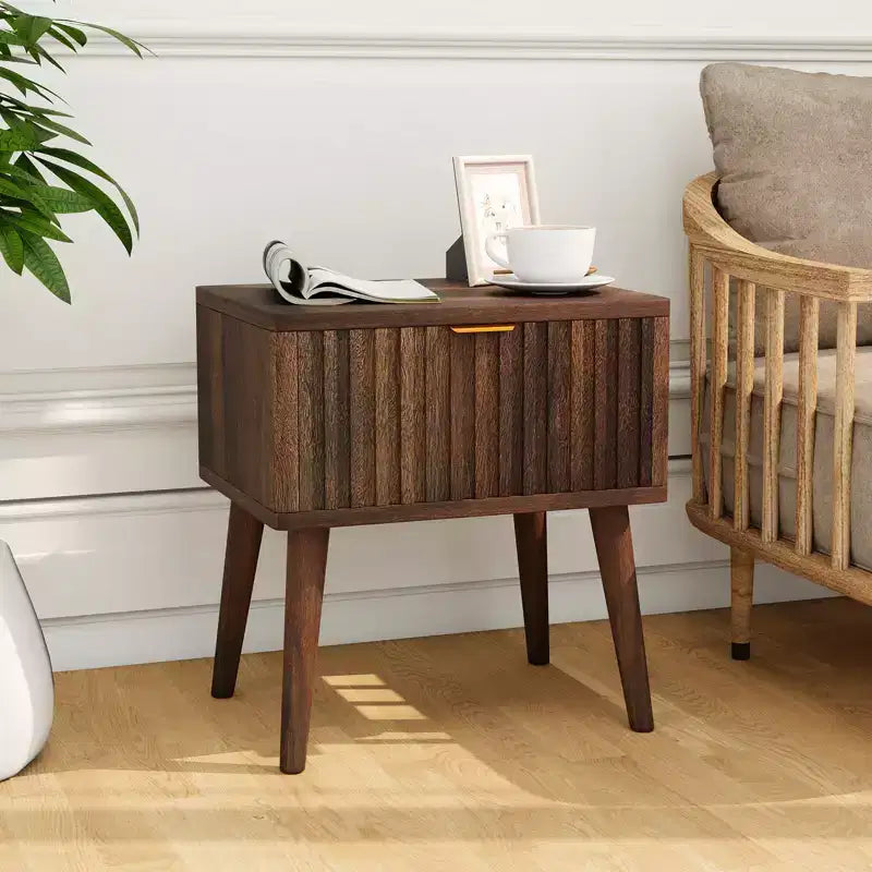 MUUEGM 18.7 Walnut Fluted Nightstand | Mid Century Modern End Table with Drawer Storage for Living Room and Bedroom, Dark Brown