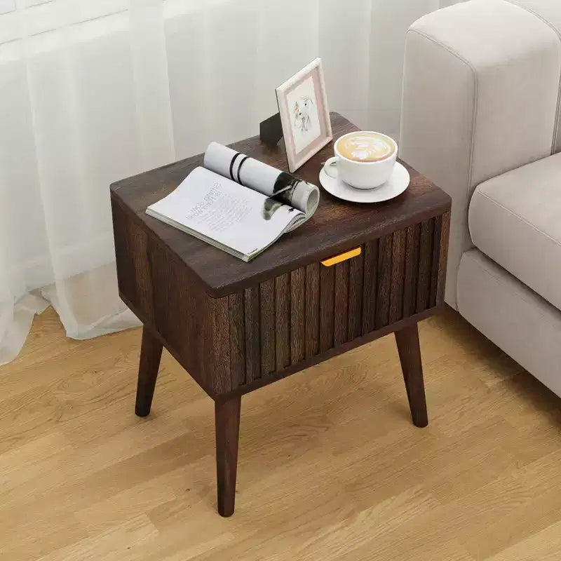 MUUEGM 18.7 Walnut Fluted Nightstand | Mid Century Modern End Table with Drawer Storage for Living Room and Bedroom, Dark Brown