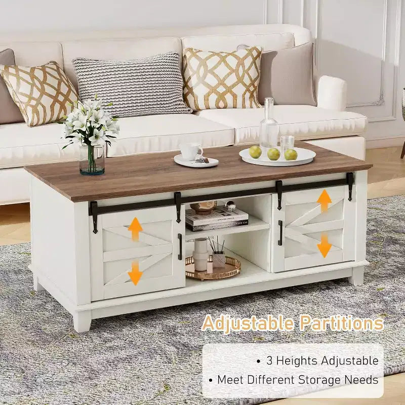 AMERLIFE Farmhouse Coffee Table with Sliding Barn Doors & Storage Cabinet
