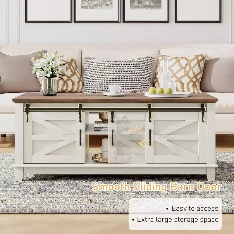 AMERLIFE Farmhouse Coffee Table with Sliding Barn Doors & Storage Cabinet