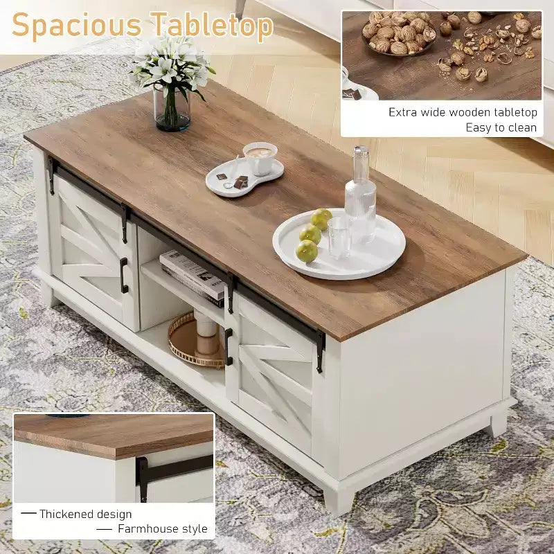 AMERLIFE Farmhouse Coffee Table with Sliding Barn Doors & Storage Cabinet