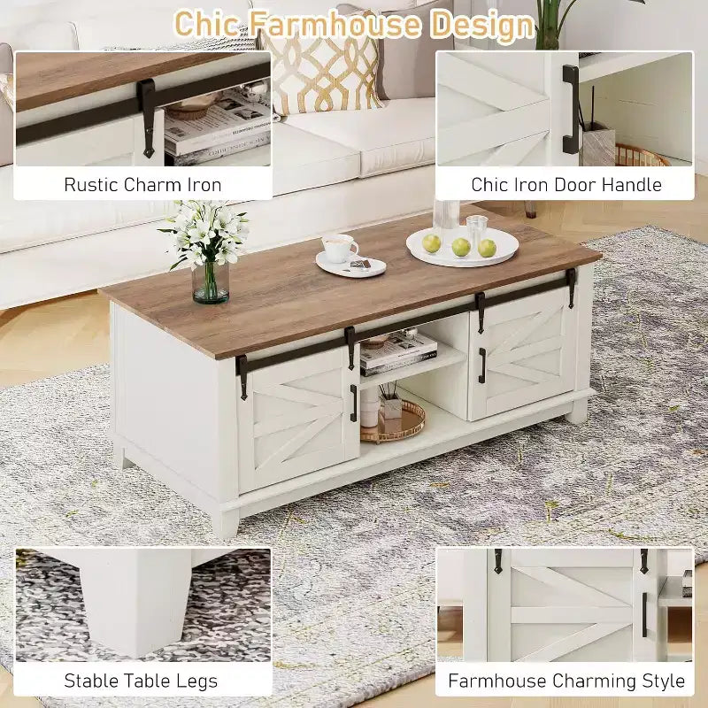 AMERLIFE Farmhouse Coffee Table with Sliding Barn Doors & Storage Cabinet