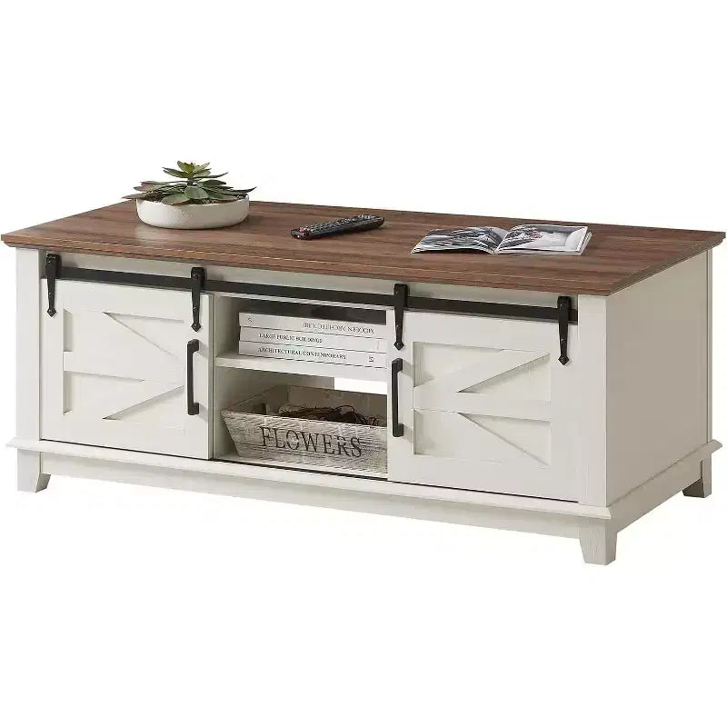 AMERLIFE Farmhouse Coffee Table with Sliding Barn Doors & Storage Cabinet