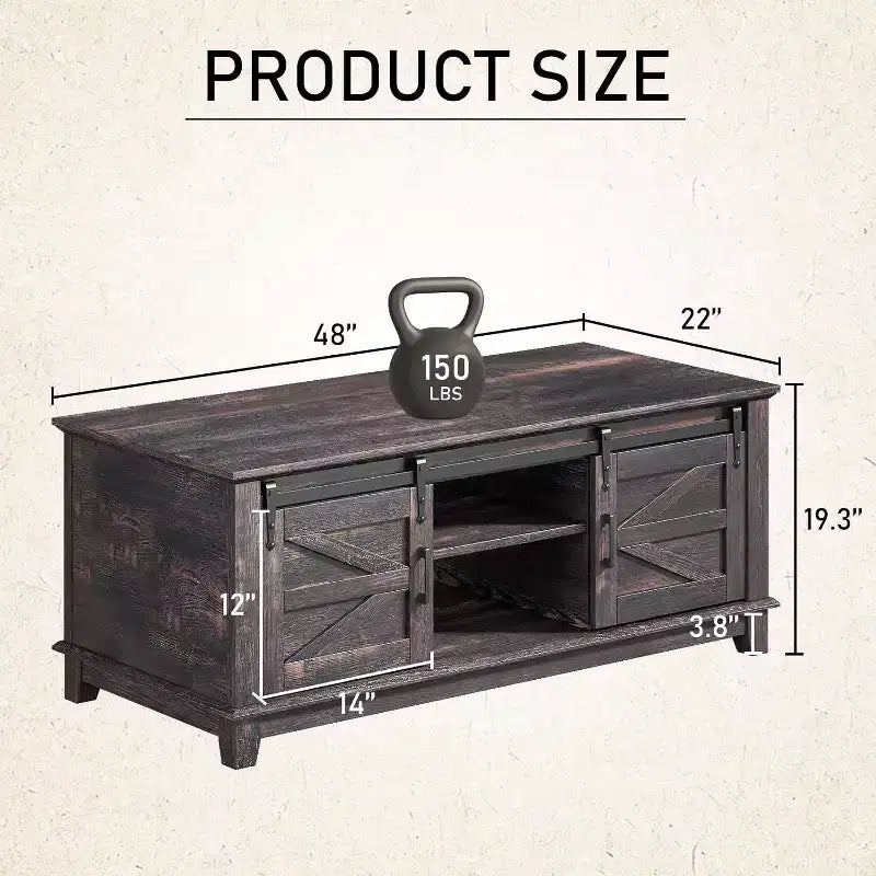 AMERLIFE Farmhouse Coffee Table with Sliding Barn Doors & Storage Cabinet