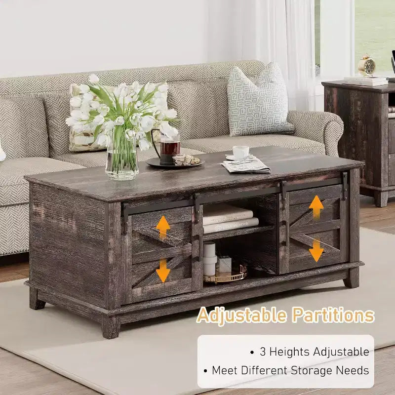 AMERLIFE Farmhouse Coffee Table with Sliding Barn Doors & Storage Cabinet