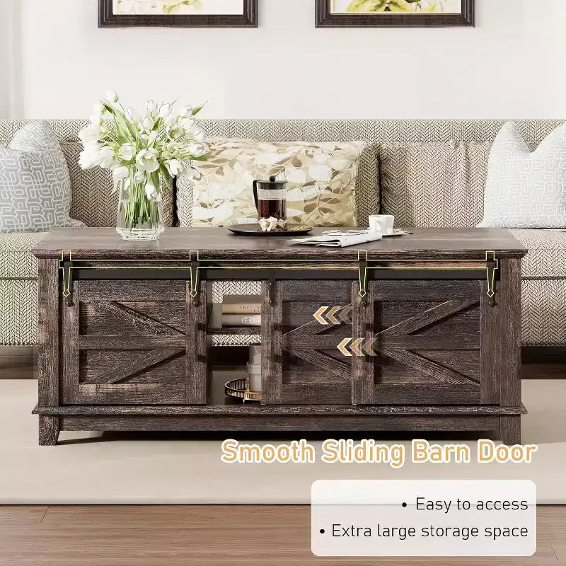 AMERLIFE Farmhouse Coffee Table with Sliding Barn Doors & Storage Cabinet