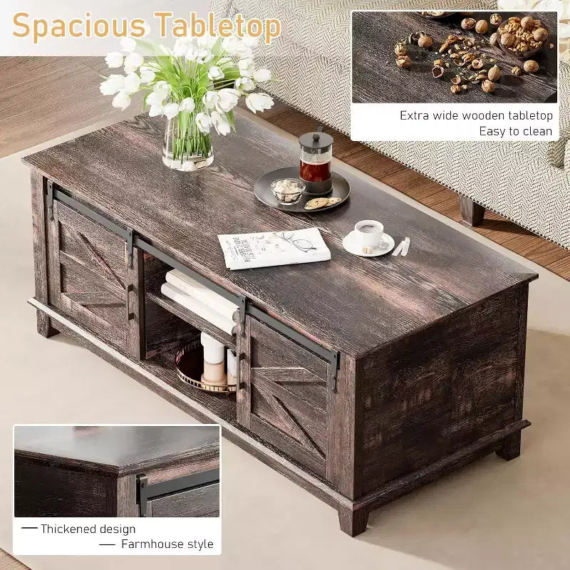 AMERLIFE Farmhouse Coffee Table with Sliding Barn Doors & Storage Cabinet