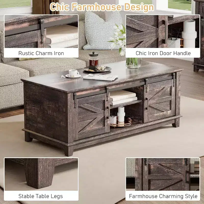 AMERLIFE Farmhouse Coffee Table with Sliding Barn Doors & Storage Cabinet