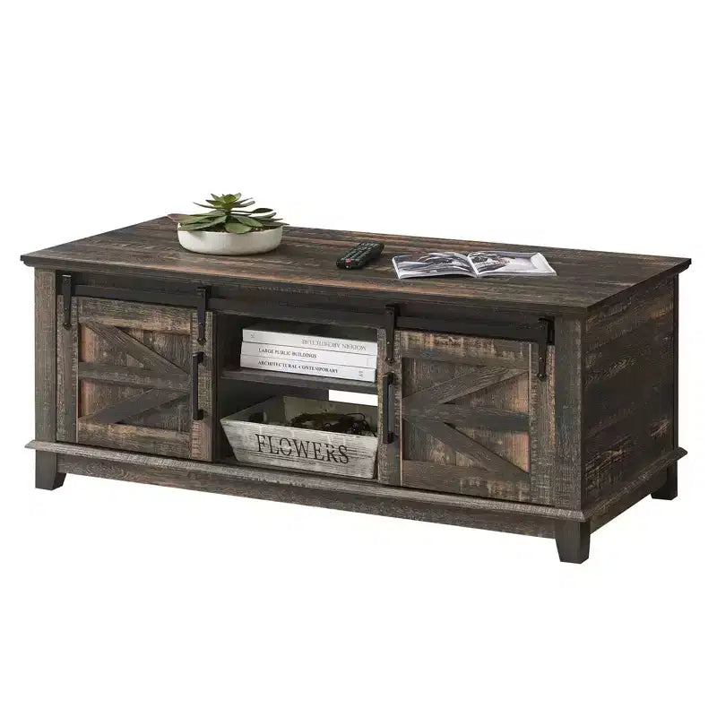 AMERLIFE Farmhouse Coffee Table with Sliding Barn Doors & Storage Cabinet