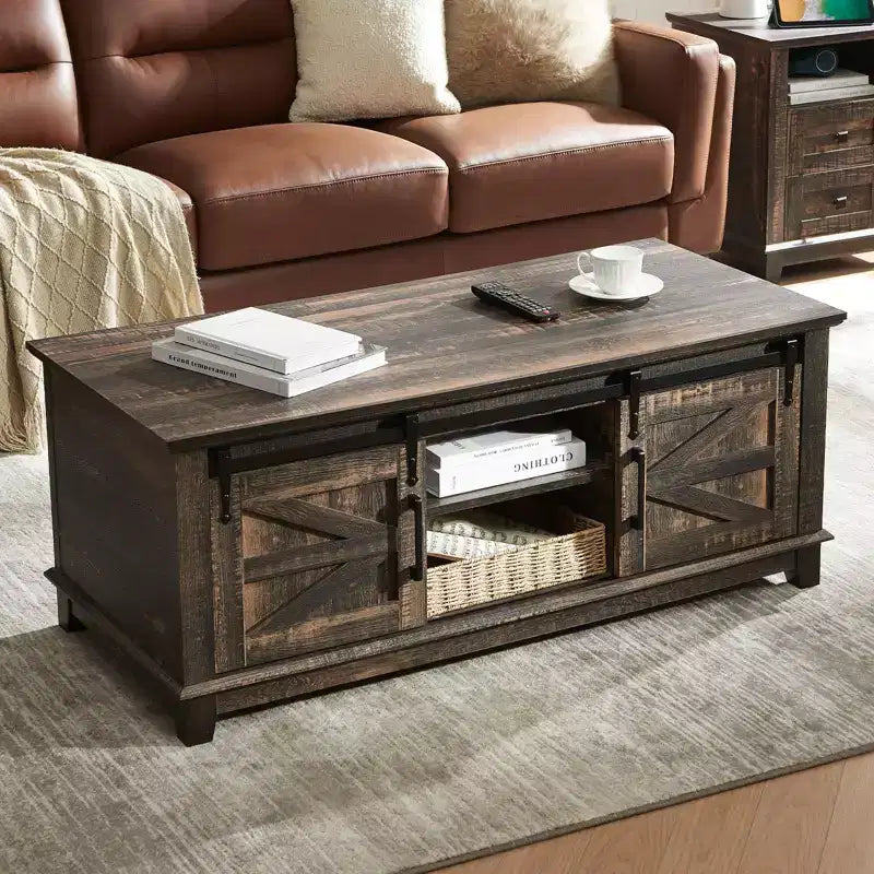 AMERLIFE Farmhouse Coffee Table with Sliding Barn Doors & Storage Cabinet