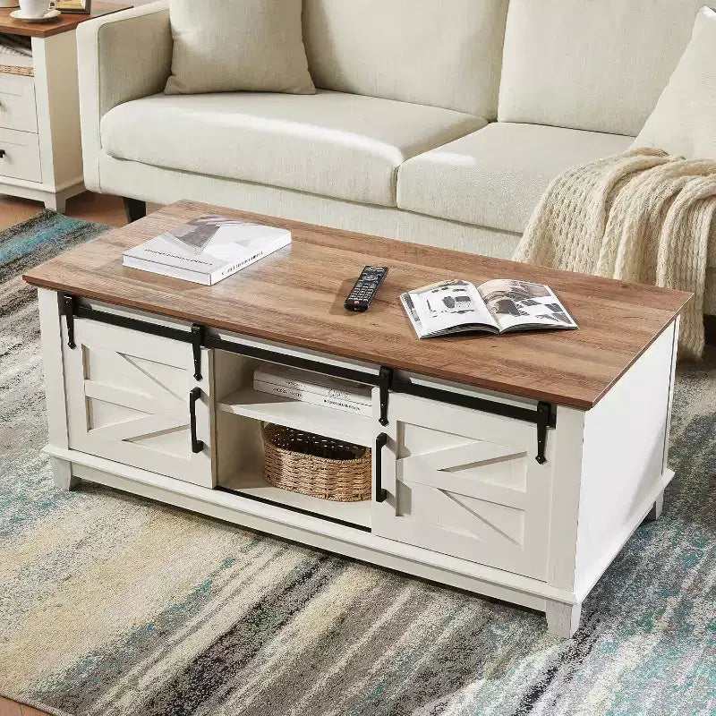 AMERLIFE Farmhouse Coffee Table with Sliding Barn Doors & Storage Cabinet