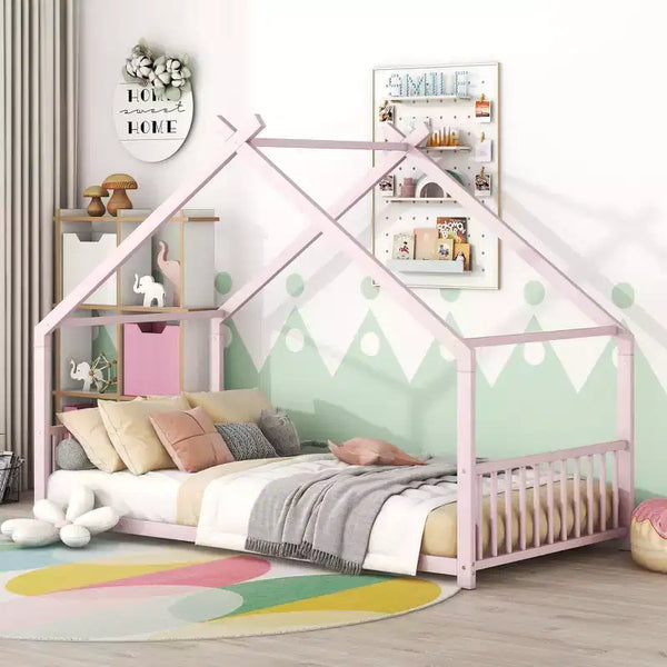 Okak Twin Size Bed Frame with Storage, Twin Size Bed Frame for Kids, House-Shaped Metal Platform Bed with Twin Size Trundle, Pink