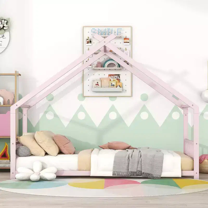 Okak Twin Size Bed Frame with Storage, Twin Size Bed Frame for Kids, House-Shaped Metal Platform Bed with Twin Size Trundle, Pink