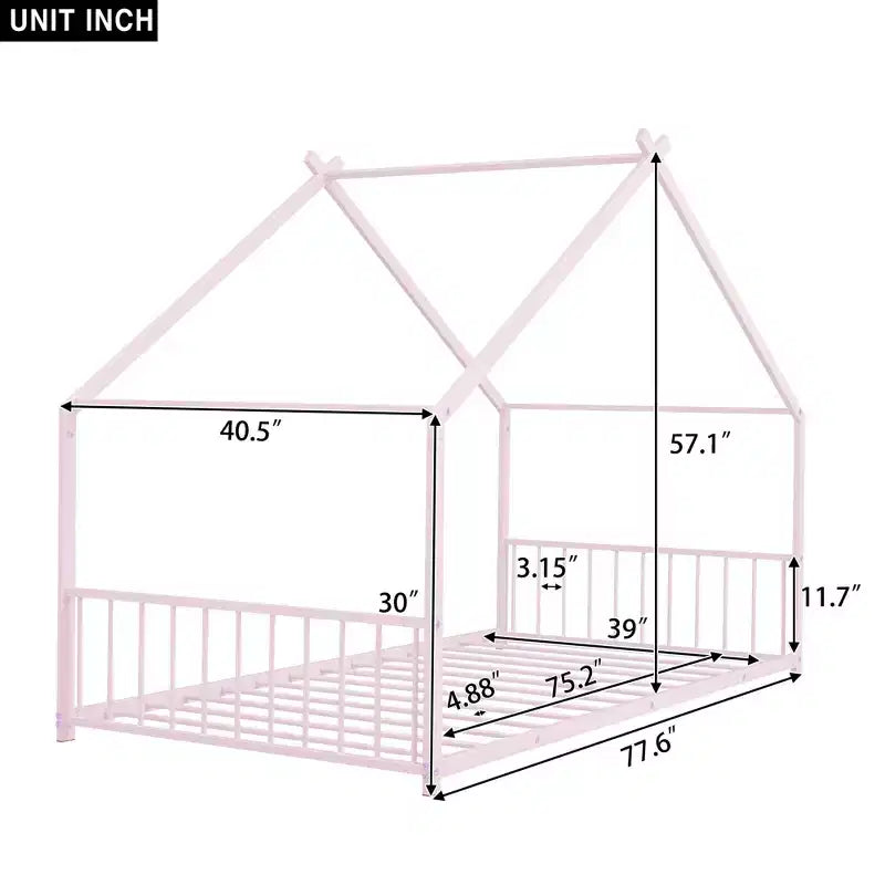 Okak Twin Size Bed Frame with Storage, Twin Size Bed Frame for Kids, House-Shaped Metal Platform Bed with Twin Size Trundle, Pink