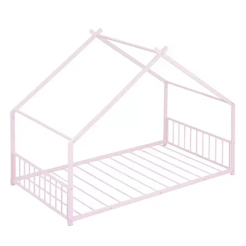 Okak Twin Size Bed Frame with Storage, Twin Size Bed Frame for Kids, House-Shaped Metal Platform Bed with Twin Size Trundle, Pink
