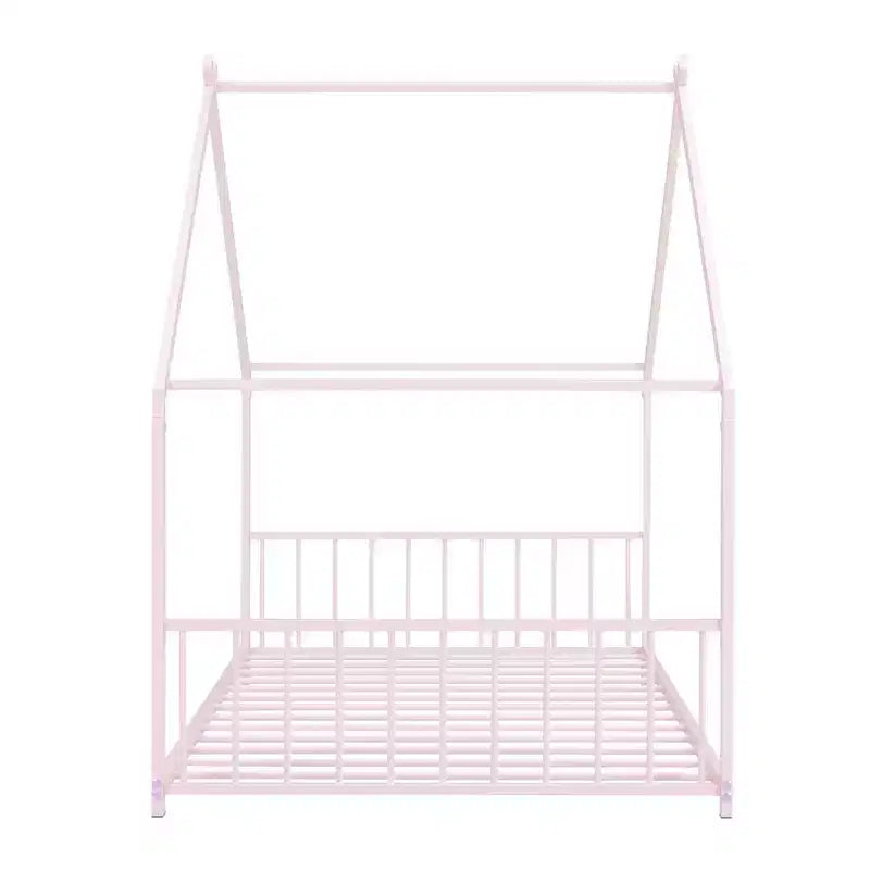Okak Twin Size Bed Frame with Storage, Twin Size Bed Frame for Kids, House-Shaped Metal Platform Bed with Twin Size Trundle, Pink