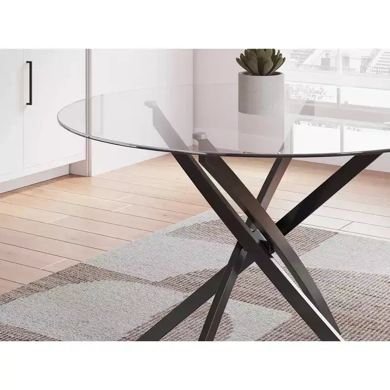 Signature Design by Ashley Pharwynn Round Glass Dining Table Only - Modern Black Metal Base - 42 Diameter