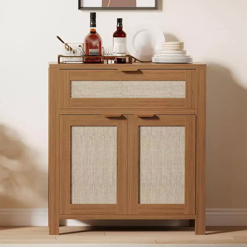 Buffet Cabinet with 2 Doors and Drawer, Large Coffee Bar Table Rattan Sideboard Cabinet with Adjustable Shelves, Coffee Bar Station Table for Kitchen