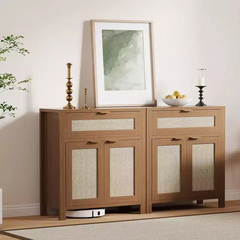 Buffet Cabinet with 2 Doors and Drawer, Large Coffee Bar Table Rattan Sideboard Cabinet with Adjustable Shelves, Coffee Bar Station Table for Kitchen