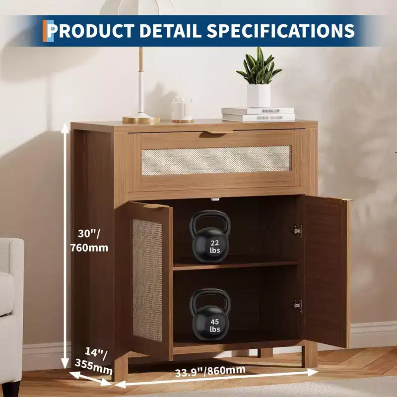 Buffet Cabinet with 2 Doors and Drawer, Large Coffee Bar Table Rattan Sideboard Cabinet with Adjustable Shelves, Coffee Bar Station Table for Kitchen