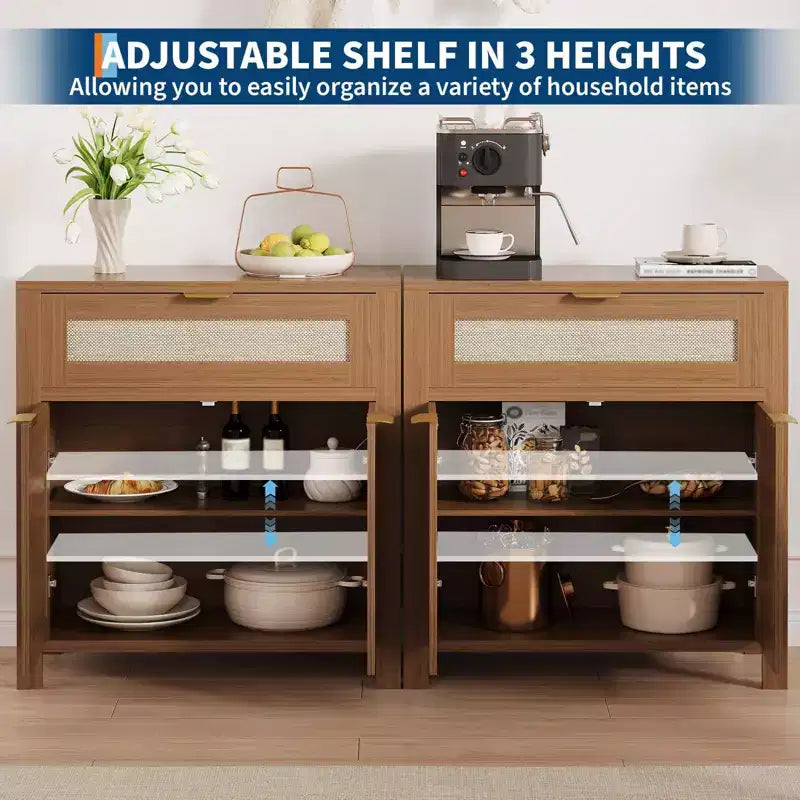 Buffet Cabinet with 2 Doors and Drawer, Large Coffee Bar Table Rattan Sideboard Cabinet with Adjustable Shelves, Coffee Bar Station Table for Kitchen