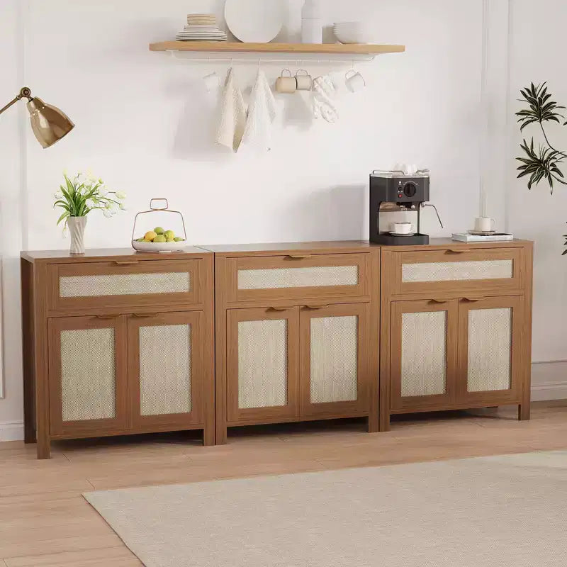 Buffet Cabinet with 2 Doors and Drawer, Large Coffee Bar Table Rattan Sideboard Cabinet with Adjustable Shelves, Coffee Bar Station Table for Kitchen