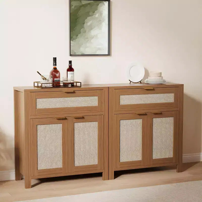 Buffet Cabinet with 2 Doors and Drawer, Large Coffee Bar Table Rattan Sideboard Cabinet with Adjustable Shelves, Coffee Bar Station Table for Kitchen