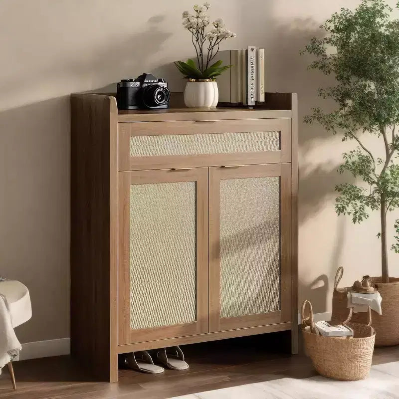 32 Rattan Shoe Cabinet with Storage, 5-Tiers Shoe Organizer Storage Cabinets with Shelves & Doors