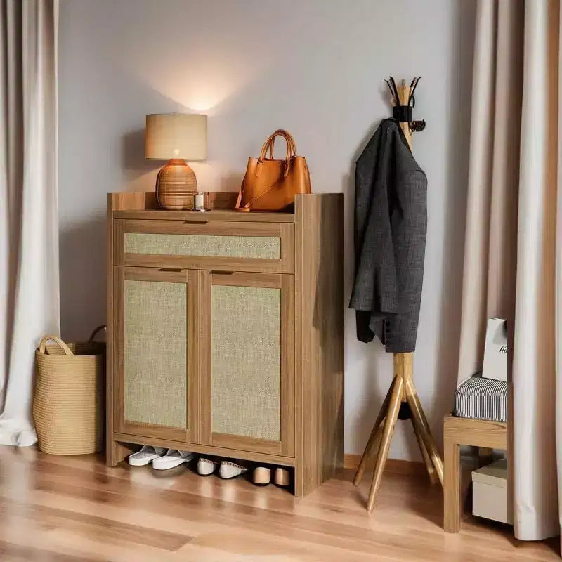 32 Rattan Shoe Cabinet with Storage, 5-Tiers Shoe Organizer Storage Cabinets with Shelves & Doors