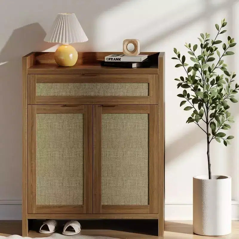32 Rattan Shoe Cabinet with Storage, 5-Tiers Shoe Organizer Storage Cabinets with Shelves & Doors