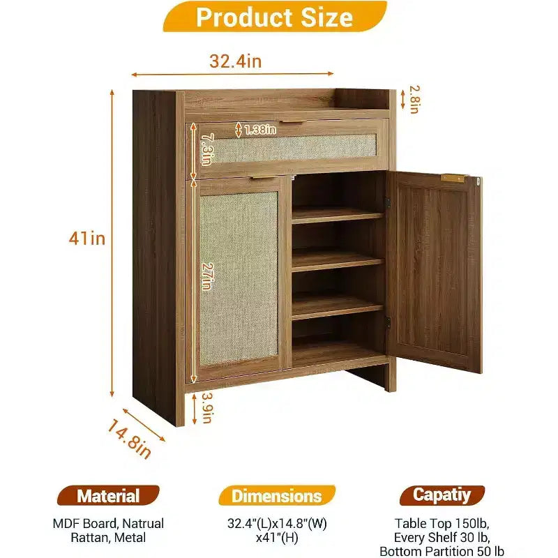32 Rattan Shoe Cabinet with Storage, 5-Tiers Shoe Organizer Storage Cabinets with Shelves & Doors