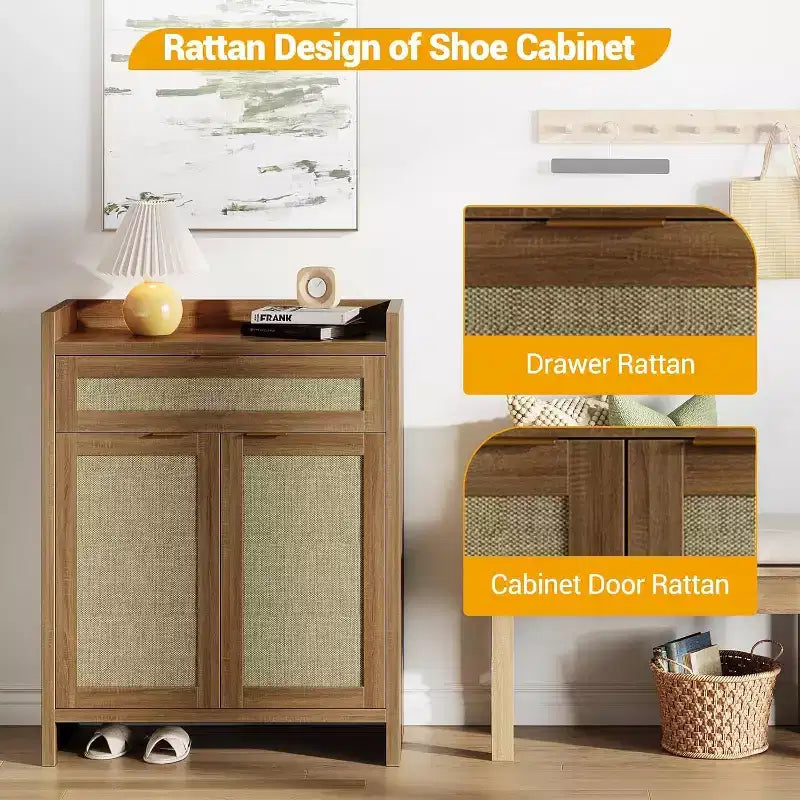 32 Rattan Shoe Cabinet with Storage, 5-Tiers Shoe Organizer Storage Cabinets with Shelves & Doors