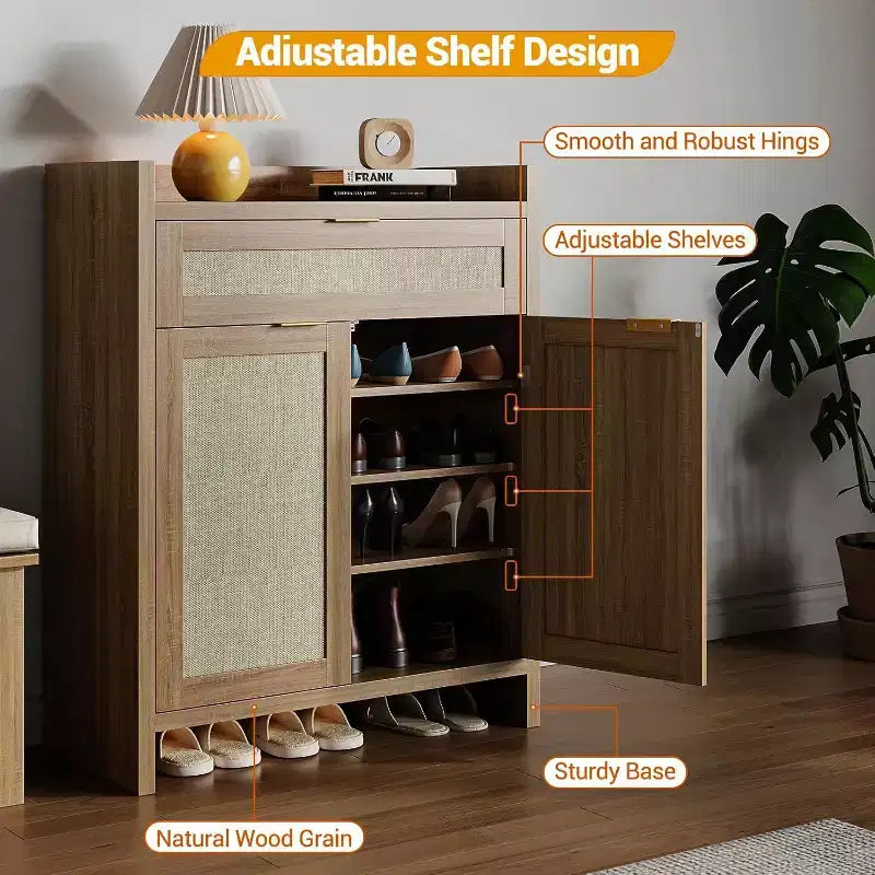 32 Rattan Shoe Cabinet with Storage, 5-Tiers Shoe Organizer Storage Cabinets with Shelves & Doors