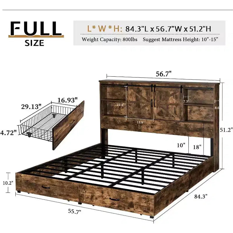 AMERLIFE Wooden Platform Bed with Bookcase Headboard, 2 Drawers, Charging Station