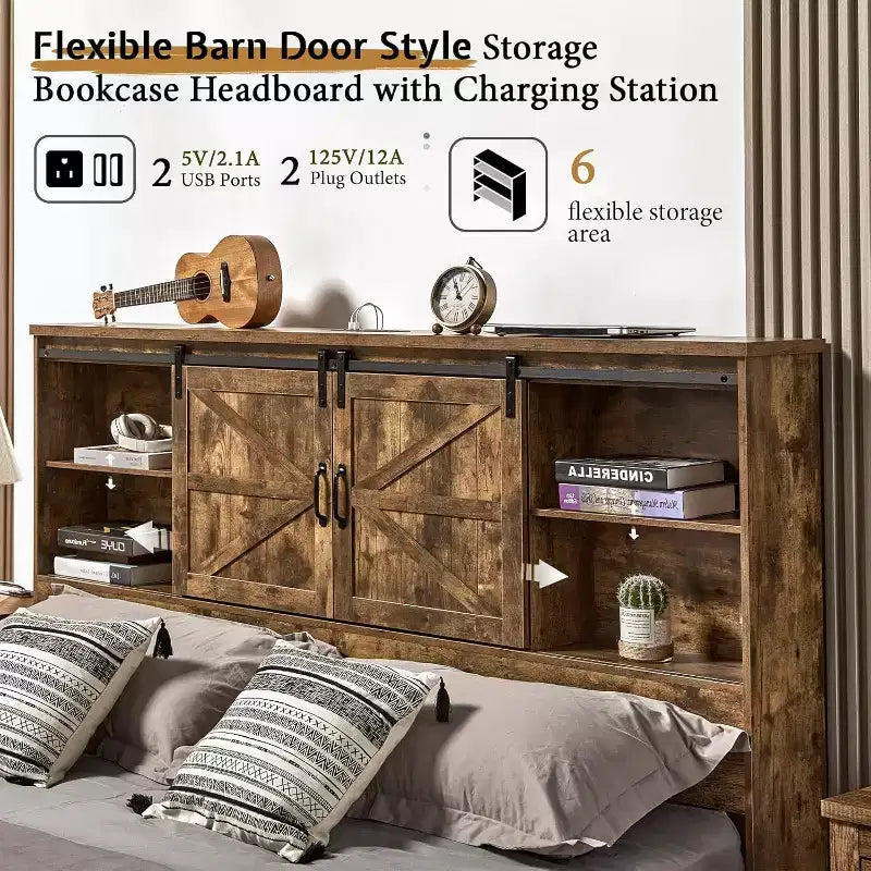 AMERLIFE Wooden Platform Bed with Bookcase Headboard, 2 Drawers, Charging Station