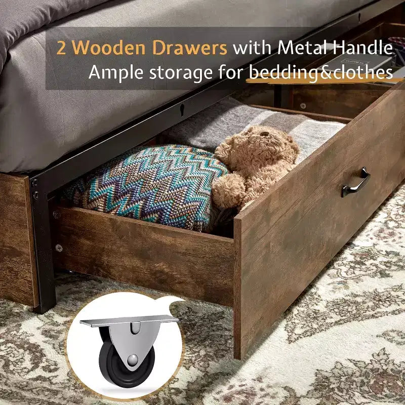 AMERLIFE Wooden Platform Bed with Bookcase Headboard, 2 Drawers, Charging Station