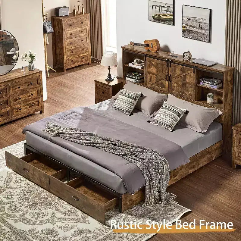 AMERLIFE Wooden Platform Bed with Bookcase Headboard, 2 Drawers, Charging Station