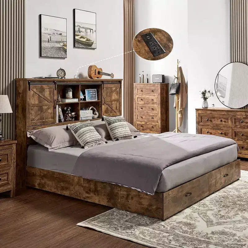 AMERLIFE Wooden Platform Bed with Bookcase Headboard, 2 Drawers, Charging Station