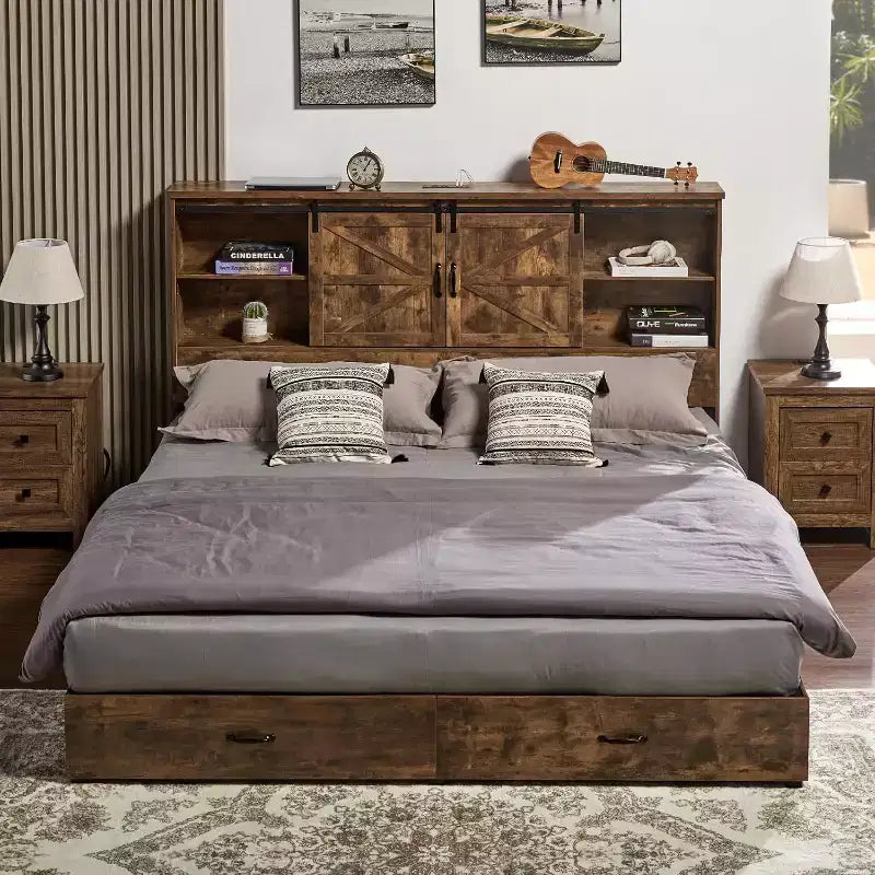 AMERLIFE Wooden Platform Bed with Bookcase Headboard, 2 Drawers, Charging Station