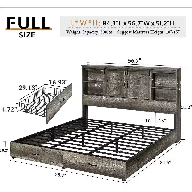 AMERLIFE Wooden Platform Bed with Bookcase Headboard, 2 Drawers, Charging Station