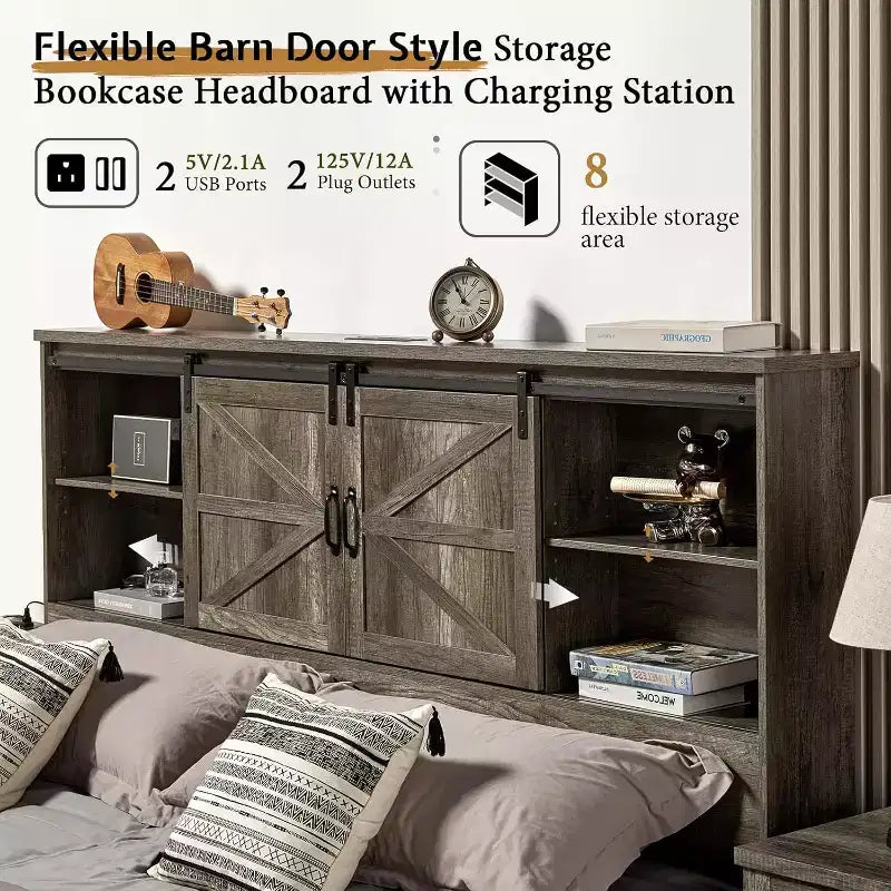 AMERLIFE Wooden Platform Bed with Bookcase Headboard, 2 Drawers, Charging Station
