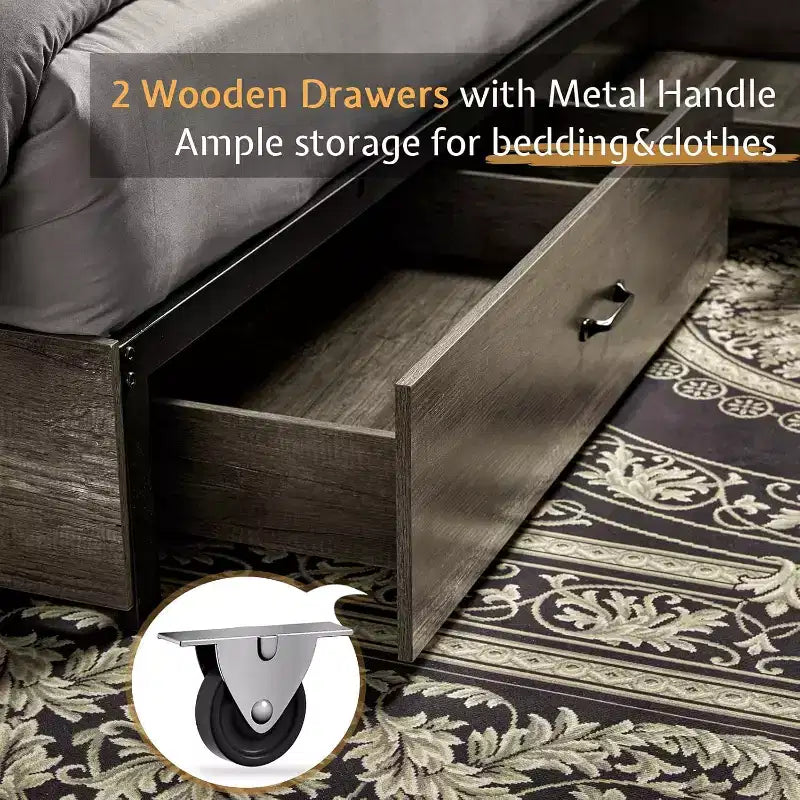 AMERLIFE Wooden Platform Bed with Bookcase Headboard, 2 Drawers, Charging Station