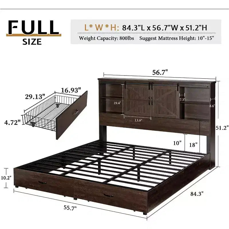 AMERLIFE Wooden Platform Bed with Bookcase Headboard, 2 Drawers, Charging Station