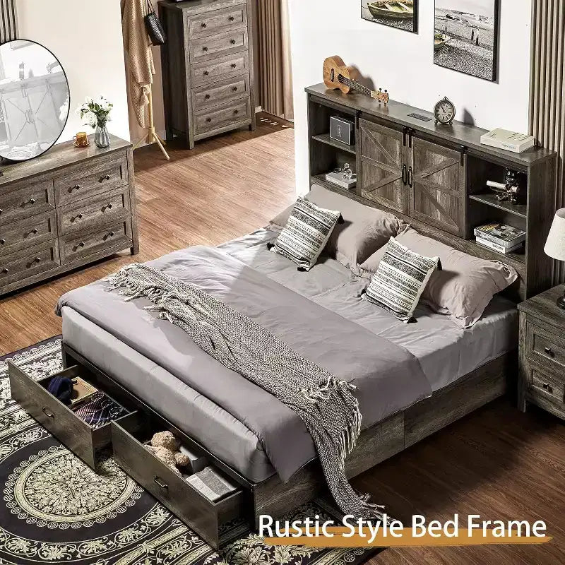 AMERLIFE Wooden Platform Bed with Bookcase Headboard, 2 Drawers, Charging Station
